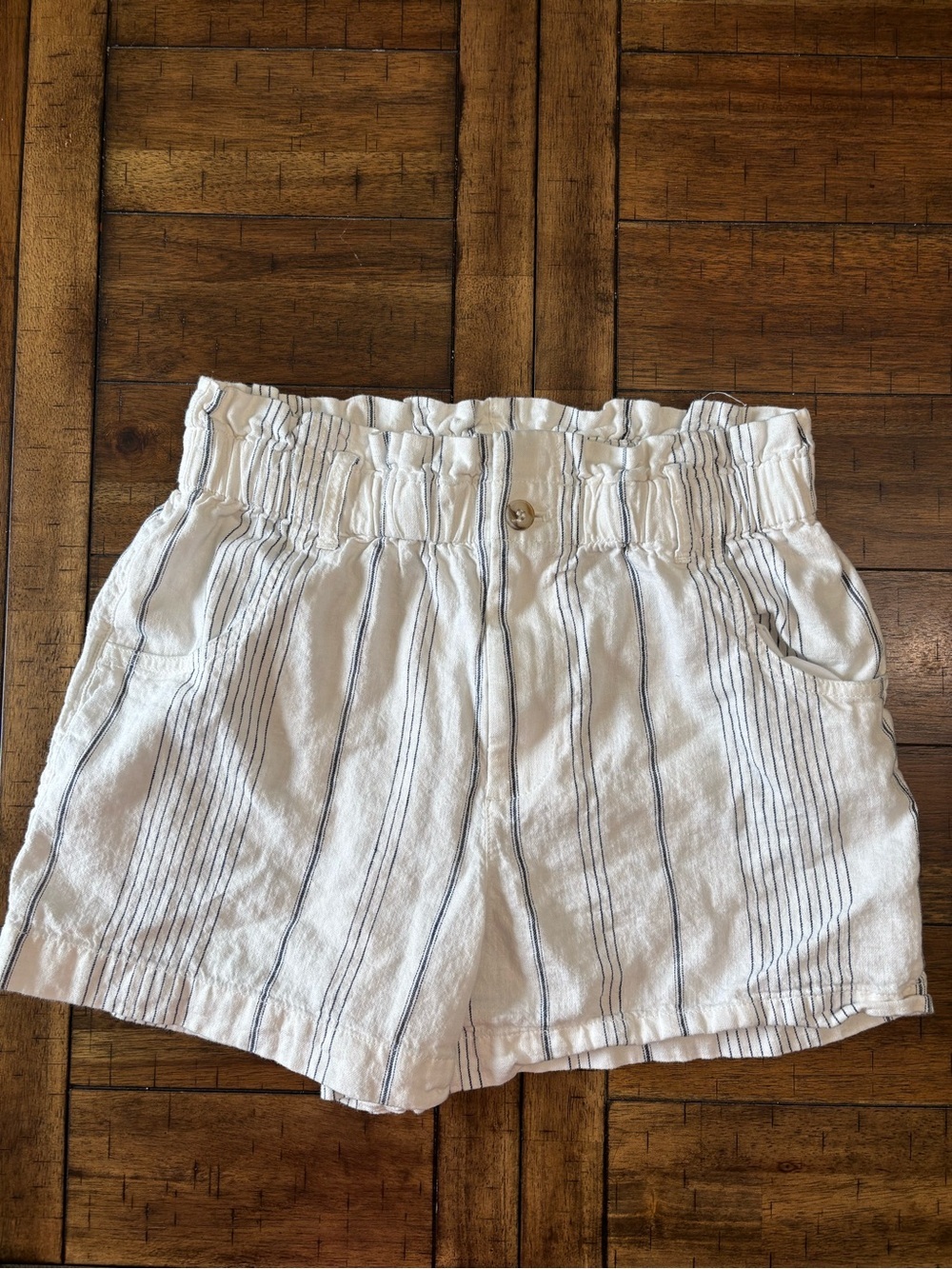 Madewell White High-Waist Paperbag Shorts with Navy Stripes